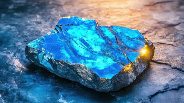 Vibrant blue labradorite stone with iridescent glow on textured surface