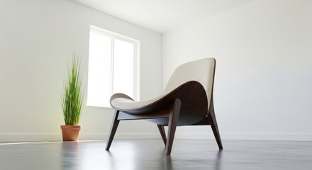 Modern chair minimalist room sunlight wooden floor white wall potted plant contemporary empty space interior relaxation stylish