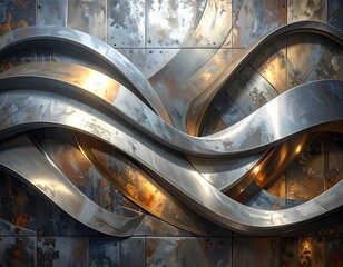 Abstract metallic wall art with flowing, interwoven curves of brushed steel and copper against a textured backdrop