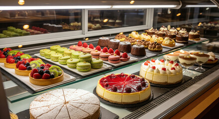 Assorted cakes, fruit tarts, macarons, and desserts displayed in bakery showcase, featuring vibrant colors and inviting presentation, creating delightful and tempting atmosphere