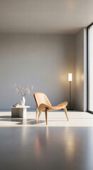 Minimalist living room interior with natural light, wooden lounge chair, modern side table, white vase with pink flowers, floor lamp, and serene atmosphere