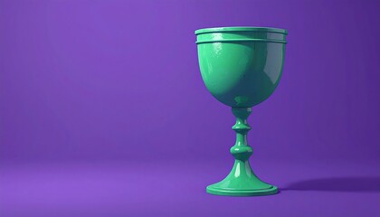Glossy green goblet sits on a purple surface casting a shadow