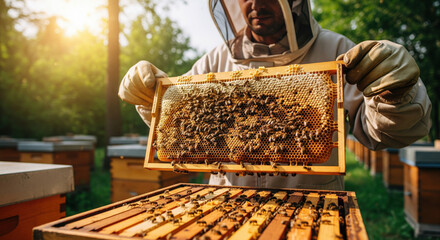 Beekeeper holding honeycomb frame filled with bees in apiary, wearing protective suit and gloves, surrounded by wooden beehives in sunny outdoor environment, showcasing sustainable agriculture