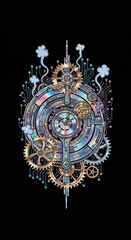 Steampunk gear mechanical clock iridescent metal intricate circuit futuristic technology abstract art black background digital illustration fantasy imaginative design