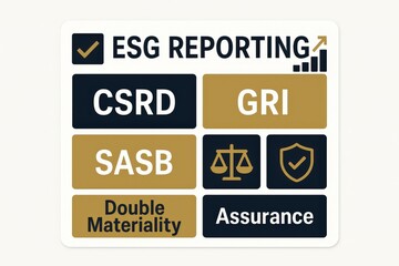 Fototapeta premium Comprehensive guide to ESG reporting emphasizing CSRD principles, GRI frameworks, SASB regulations, double materiality concepts, and assurance standards essential for modern business practices