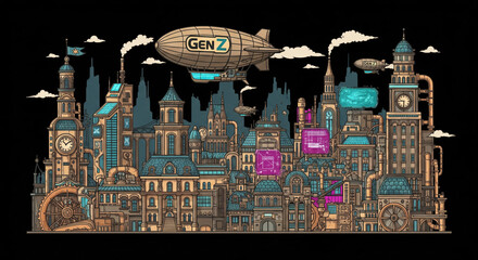 Steampunk cityscape with airship clock towers gears pipes and neon signs blending vintage architecture and futuristic technology vibrant and imaginative night scene whimsical mood