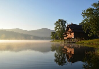 Obraz premium traditional wooden house on serene lake at sunrise. gentle mist rises from calm water, reflecting building. tranquility and travel concept.
