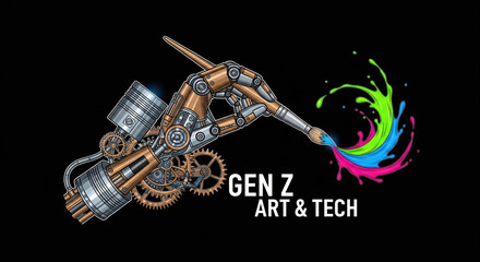 Mechanical hand paintbrush gears colorful splash Gen Z art technology creativity innovation digital illustration black background modern style vibrant futuristic