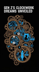 Gen Z clockwork dream technology social media silhouette gear digital network innovation interconnected youth future abstract creative blue brown mechanical communication modern concept