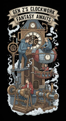 Gen Z clockwork fantasy adventure steampunk machinery gears clock youth imagination creative whimsical vintage mechanical invention teamwork exploration time innovation dream inspiration