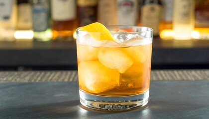 Cocktail in clear glass with ice, citrus peel garnish, in a bar with liquor bottles