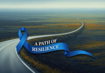 blue ribbon with " path of resilience" text on winding road. symbolizes long journey, hope, and support for cause. diabetes awareness month. healthcare banner.