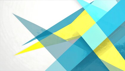 Abstract layered triangles of bright yellow and shades of blue on a white background