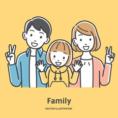 笑顔でピースサインをする家族