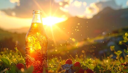 Sunset, fizzy drink bottle, mountain backdrop