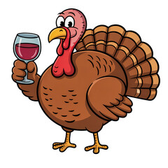 Cartoon turkey holding wine glass, humorous thanksgiving dinner celebration illustration