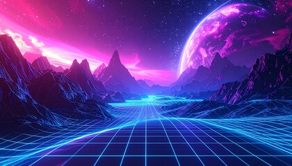 Cyberpunk landscape with glowing grid