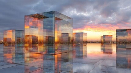 Obraz premium A close up of glowing glass blocks within a blurred city backdrop represents the blend of modernity, design, and innovation in a futuristic, digital world.