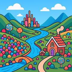 Fototapeta premium Candy Valley With Winding River Green Hills Colorful Candies And Cozy Cottage Under Blue Sky A Whimsical Fantasy Scene