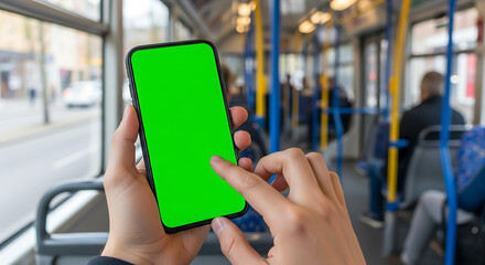 A person's hands holding and using a smartphone with a green screen for mockups while commuting on a public bus