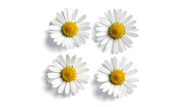 Four daisy flowers with white petals and yellow centers arranged in a square against a stark white background, soft shadows - Powered by Adobe