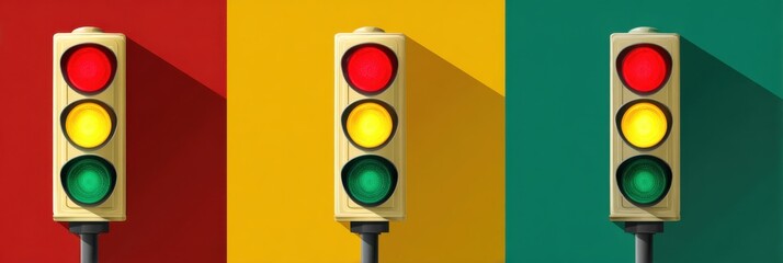 Traffic Lights in Three Colors Displaying Red, Yellow, and Green Signals Against Vibrant Backgrounds