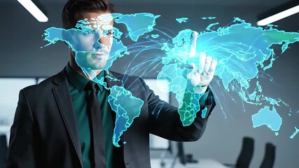 Businessman immersed in global strategy with glowing world map overlay in modern office, visualizing international business expansion and worldwide connectivity - Powered by Adobe