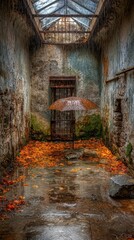 Rustic prison courtyard with fallen leaves and umbrella on rainy day