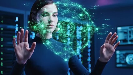 Elegant woman manipulating digital data hologram in server room, futuristic technology interface, data science, innovation, virtual reality - Powered by Adobe