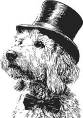 Dog sketch hand drawn wearing top hat and bow tie formal portrait — stock vector