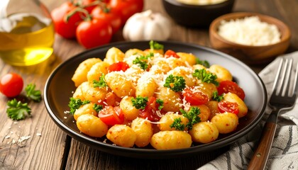 Plate of gnocchi with tomatoes, cheese, and parsley on a wooden surface