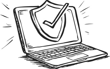 Laptop sketch with security shield and check mark, hand drawn style — stock vector