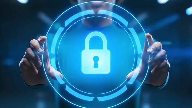 Dynamic cybersecurity presentation featuring glowing padlock symbol for data protection and digital safety, ideal for tech and business security solutions - Powered by Adobe