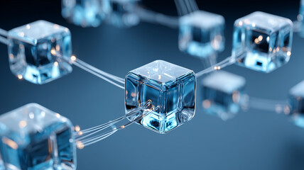 Connected transparent cubes representing blockchain infrastructure enabling secure pharmaceutical supply chain traceability and trust.

