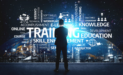 A business professional stands against a backdrop of global education themes, exploring e-learning and skill enhancement strategies for career growth and success. Tessel