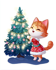 Cat Girl  Decorating Christmas Tree - Christmas Greeting Card