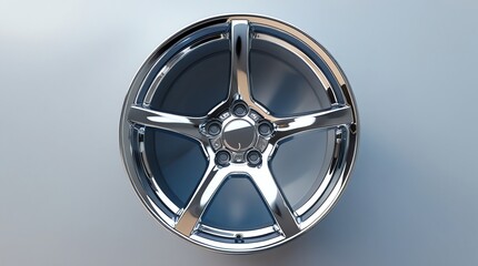 Shiny chrome fivespoke car wheel on a light grey background