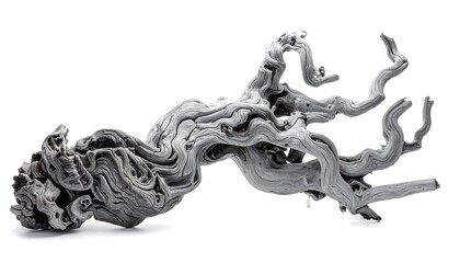 A detailed studio shot of an abstract, gnarled, weathered piece of driftwood, against a clean white background. It has many twists and turns