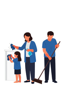 Flat Vector Illustration of Family Doing House Chores Together