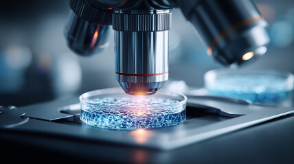 Microscope objective focusing on a petri dish demonstrating laboratory research and discovery, symbolizing scientific method accuracy and evidence based innovation in biotechnology.
