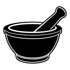 Black silhouette of a mortar and pestle on a white background for grinding spices or herbs isolated on white background