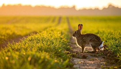 Sunset illuminates a lone rabbit in a verdant field