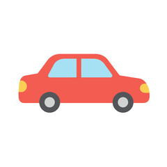 A red car with light blue windows yellow lights and grey wheels on a white background
