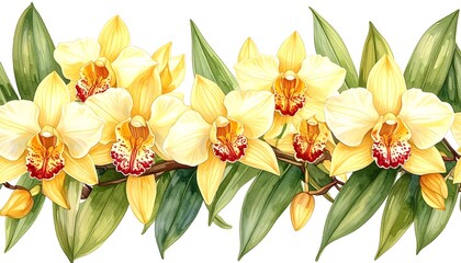 Watercolor yellow orchids with red details and green leaves on a white background