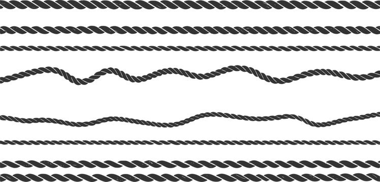 Wavy rope curve set. Repeating hemp cord stripes collection. Wavy loop tie braid bundle. Seamless black and white plait pattern. Vector marine twine design elements for banner, poster, frame, border