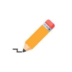 A yellow pencil with a red eraser is drawing a small line on a white surface