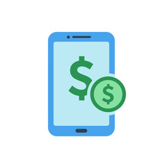Blue mobile phone with large green dollar sign and dollar coin overlaid