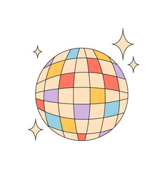 Groovy y2k disco ball in colorful sparkle style. Funky party dance symbol shines as a 70s music icon. Groovy element and retro graphic with bright ambiance, perfect for a vibrant pop scene.