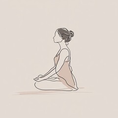 A modern line art illustration of a woman practicing yoga meditation in a relaxed seated position for wellness themes.