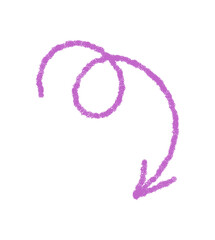 Hand drawn wavy pastel arrow with crayon stroke and sketch style in purple. Distinct symbol and icon as a unique element for creative concept modern abstract visual art.